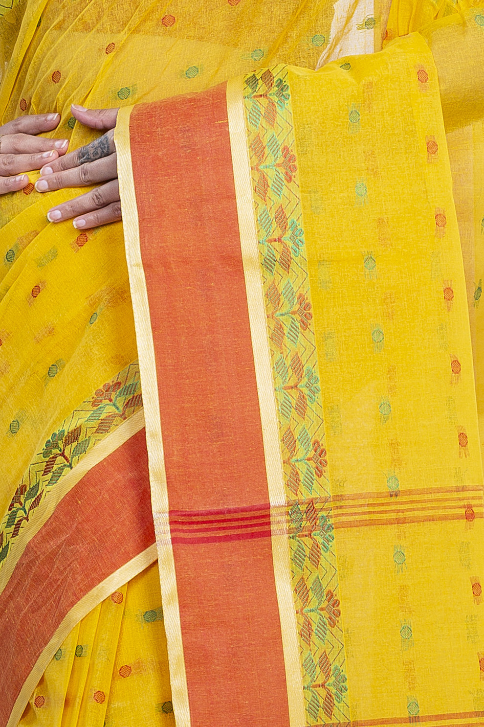 Yellow Pure Cotton JoraPata Tant Saree (784)